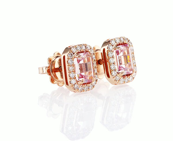 Pink Emerald Cut Morganite with Diamond Halo Earrings