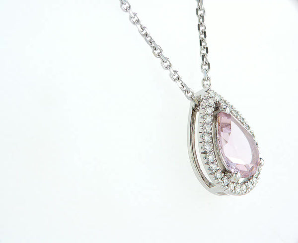 Pink Pear Morganite with Diamond Halo Necklace