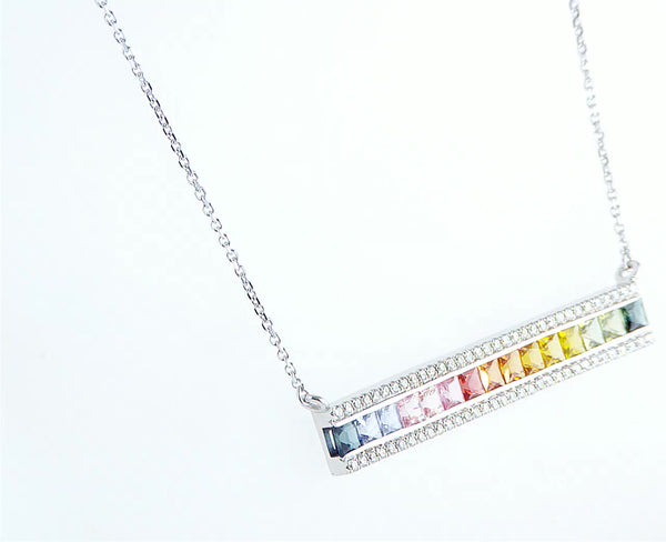 Rainbow Princess cut Sapphir with diamonds line necklace