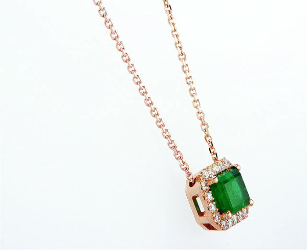 Green Emerald with Diamond Halo Necklace