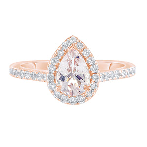 Pink pear morganite with diamond halo ring