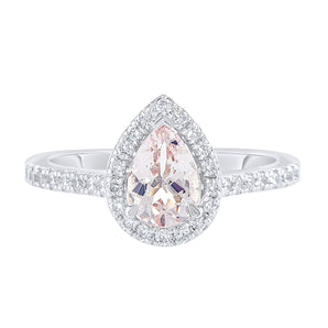 Pink pear morganite with diamond halo ring