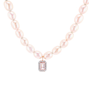 Rose Pearl and Pink Emerald Cut Morganite with Diamond Halo Necklace