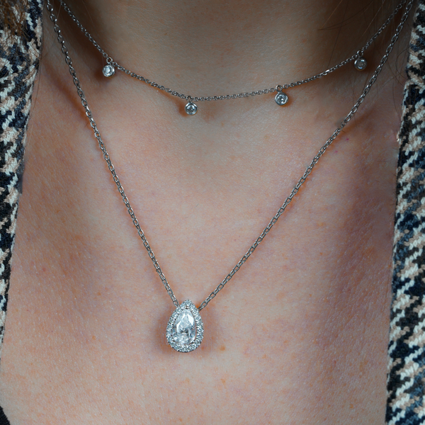 Pear Cut Diamond Halo Necklace