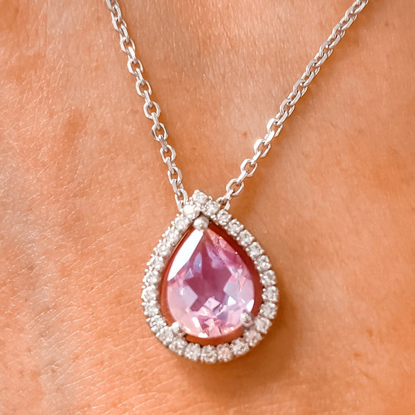 Pink Pear Morganite with Diamond Halo Necklace