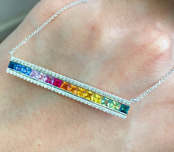 Rainbow Princess cut Sapphir with diamonds line necklace