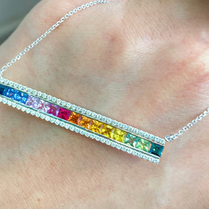 Rainbow Princess cut Sapphir with diamonds line necklace