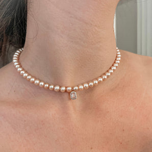 Rose Pearl and Pink Emerald Cut Morganite with Diamond Halo Necklace