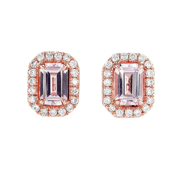 Pink Emerald Cut Morganite with Diamond Halo Earrings