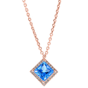 Princess cut blue topaz with diamond halo necklace