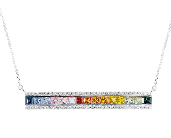 Rainbow Princess cut Sapphir with diamonds line necklace