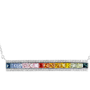 Rainbow Princess cut Sapphir with diamonds line necklace