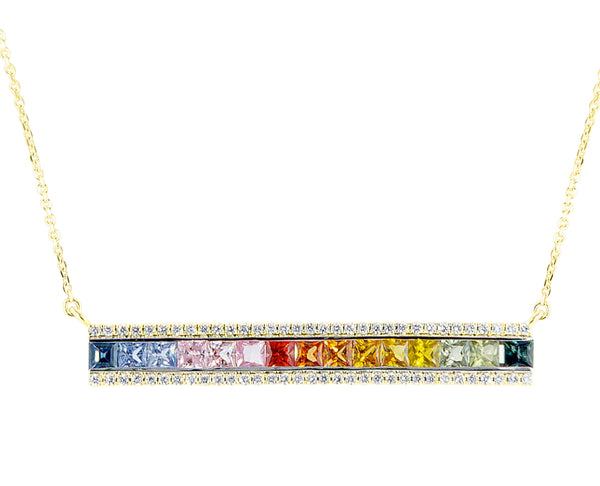 Rainbow Princess cut Sapphir with diamonds line necklace