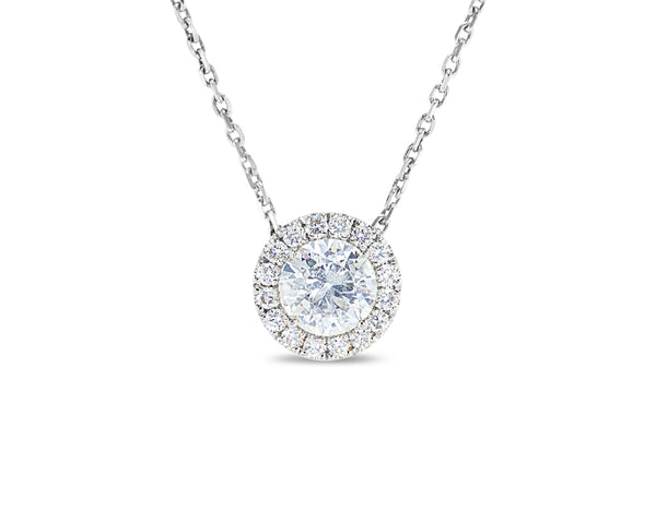 Round cut diamond halo necklace