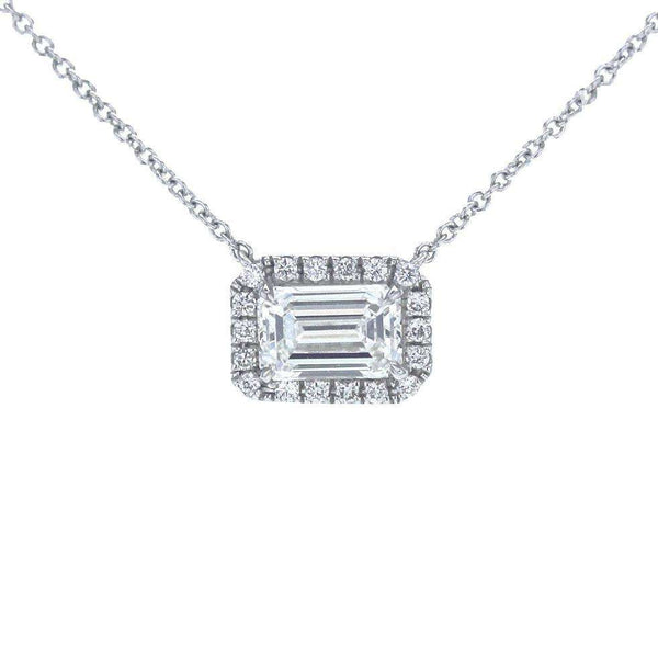 Sideways Emerald Cut Diamond Halo Necklace