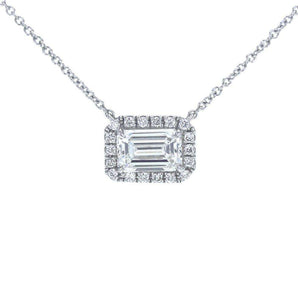 Sideways Emerald Cut Diamond Halo Necklace