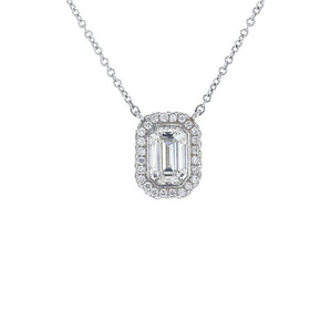 Sideways Emerald Cut Diamond Halo Necklace