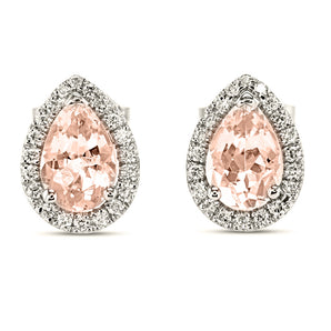 Pink Pear Cut Morganite with Diamond Halo Earrings